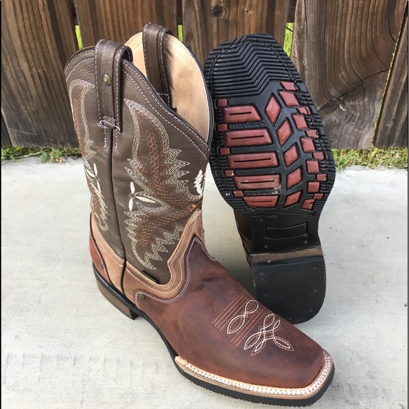 Mens Rodeo Square Toe All Leather Brown Boots - Picture 5 of 5